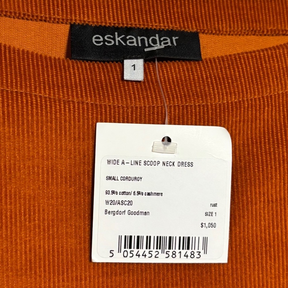 Eskandar Orange Cotton Cashmere Corduroy Wide A-Line Scoop Neck Dress Size 1 - Picture 3 of 6